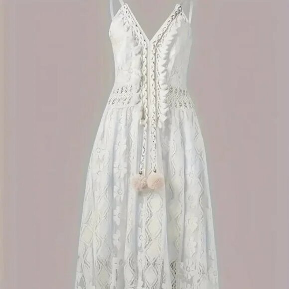 Pom Pom Tassel White Lace Maxi Dress - Picture 3 of 3